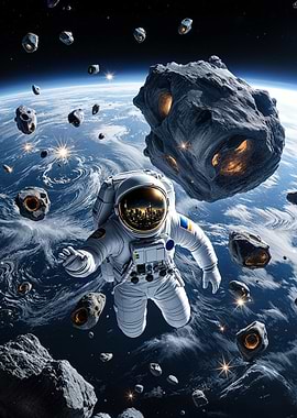 Floating Astronaut in Asteroid Field Cosmic Orbit