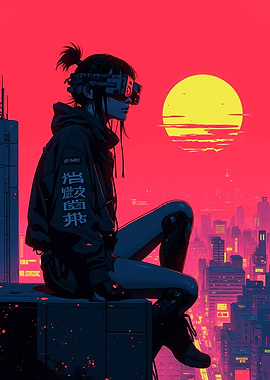 Futuristic Gaze: Sunset Over the City