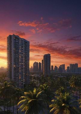 Sunset Cityscape with Palm Trees