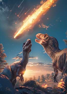 dinosaurs looking up at a meteor