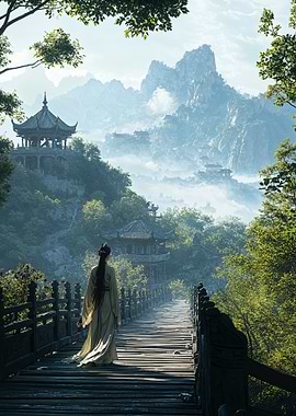 Woman in Traditional Dress on Bridge