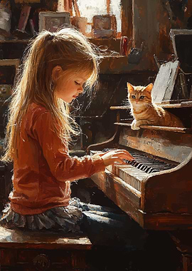 Girl Playing Piano with Cat