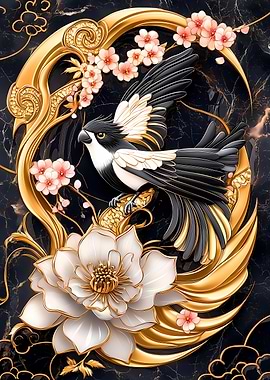 Gold Parrot Bird & Flower