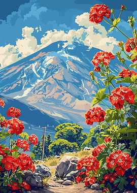 Mountain Landscape with Flowers