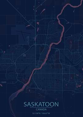 Saskatoon Canada Blue and Purple City Map