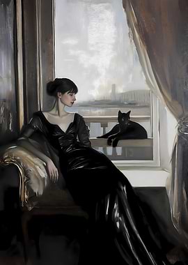 Woman in Black Dress by Window
