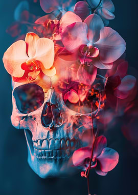Skull with Vibrant Orchids : Surreal Art of Life & Decay