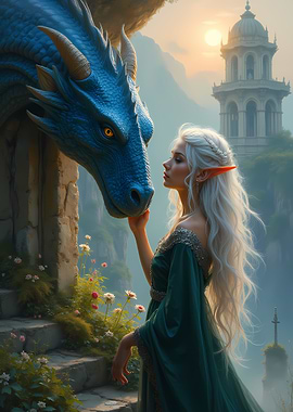 White Haired Elf Petting A Blue Dragon