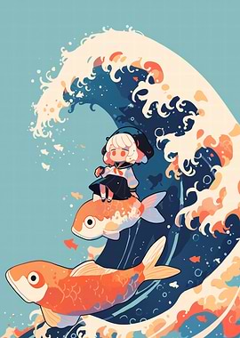 Girl Riding Koi Fish Wave