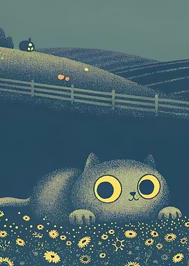 Cat in a Field at Night