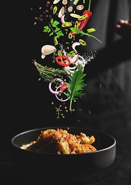 Asian Food with Falling Ingredients