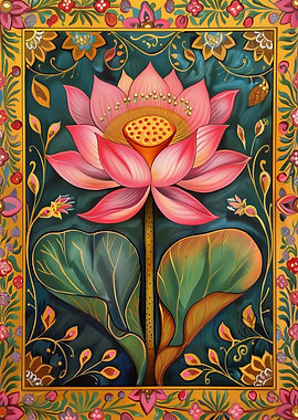 Lotus Flower Painting Vibrant Floral Ornamental Botanical Asian Inspired