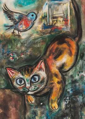 Cat and Bird Painting