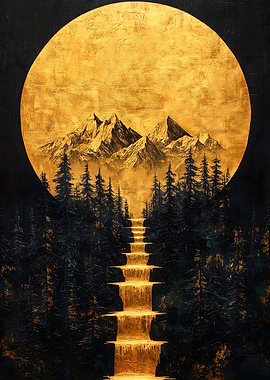 Golden Waterfall & Mountains Japanese Landscape