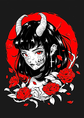 Anime Demon Girl with Roses