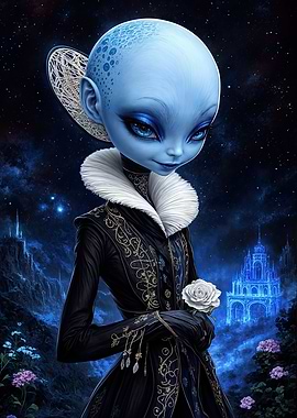 Blue-Skinned Alien with White Rose