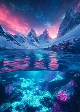 Underwater coral and snowy mountains
