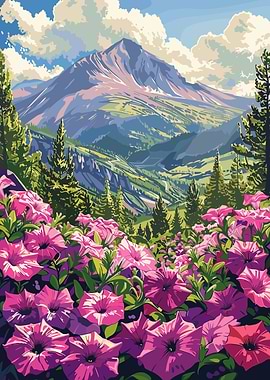 Mountain View with Flowers