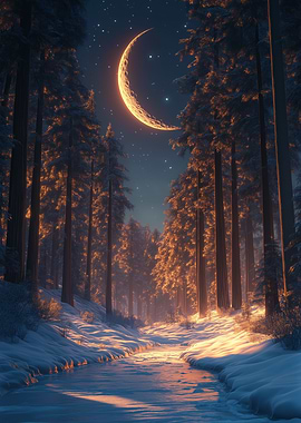 Magical Winter Forest With Crescent Moon