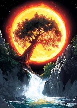 Tree and Waterfall Under a Fiery Moon