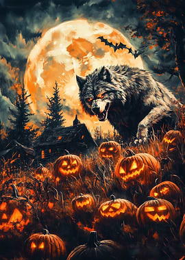 Halloween Wolf and Pumpkins