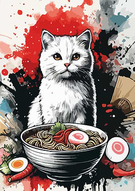 White Cat with Ramen