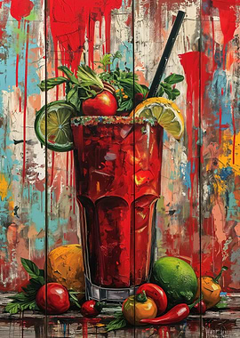 Bloody Mary Cocktail Painting Vibrant Bar Decor