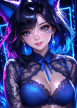 Anime Girl with Blue Hair Gaming