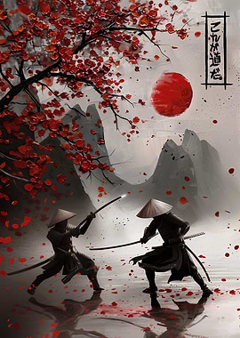 Samurai Duel Under Cherry Blossoms' Poster, picture, metal