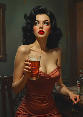 Femme Fatale Pin-up Girl with Beer Film Noir