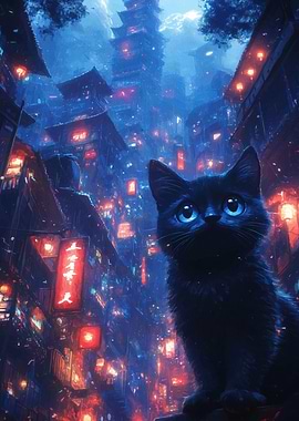 Black Cat in Neon City