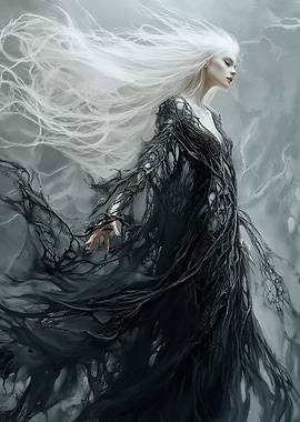 Woman in Black Dress with White Hair