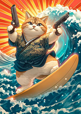 Cat Samurai Surfer