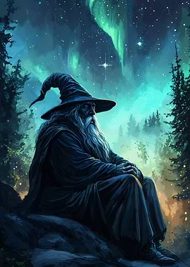 Wizard Under Aurora Borealis