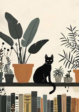 Black Cat on Bookshelf