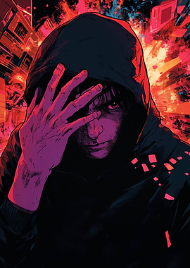 Hooded Figure in Urban Chaos