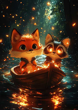 Fox and Raccoon in Boat