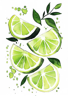 Watercolor Lime Slices Kitchen Art