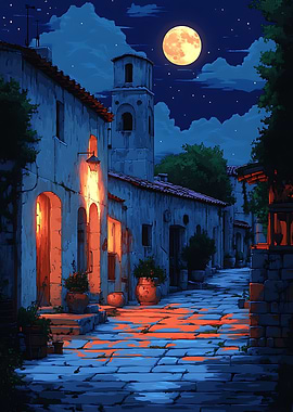 Moonlit Village Street