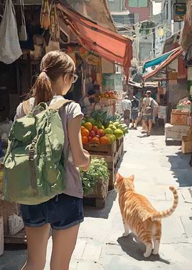 Cat and Girl in Market