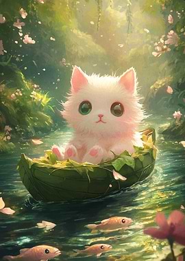 White Kitten in Leaf Boat