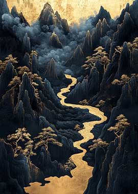 Golden River Through Mountains