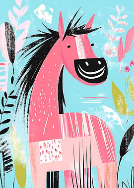 Smiling Pink Horse Illustration Pop Art