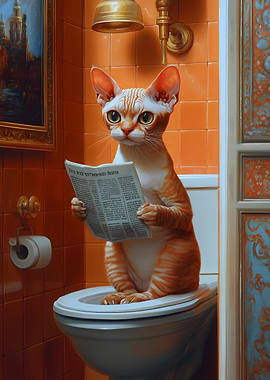 Cat Reading on Toilet Funny