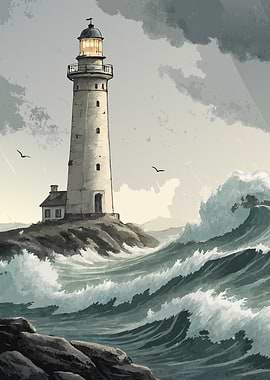 Lighthouse in Stormy Sea