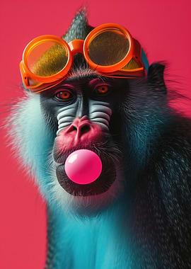 Mandrill with Goggles and Bubble Gum