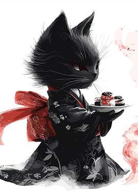 Black Cat in Kimono with Sushi