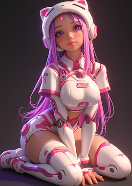 Anime Girl in White and Pink Suit Gaming