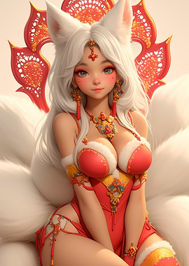 Kitsune in Red Dress Anime Girl Waifu Gaming