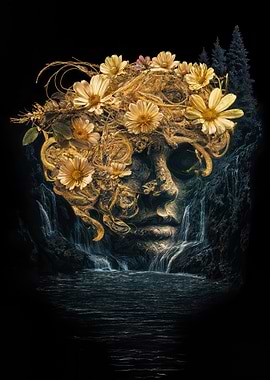 Nature's Face Waterfall - mystic blue rock face and yellow flowers